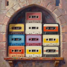 happy on a castle shelf. cassette era technology, vintage shapes, retro technology, happy color, wayne barlow, oil on canvas, deep depth field, masterpiece, cinematic composition, hyperdetailed