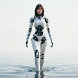 beautiful centered photo portrait of hoyeon jung as a solarpunk robotic humanoid with white mechanical parts with bright halogen lights, treading on calm water, ultra - realistic and detailed, sun lit, white background, bokeh, soft focus, slow exposure hdr 8 k