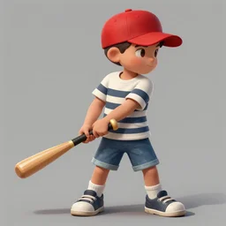 a young boy wearing a horizontal striped shirt and a red baseball cap and jean shorts, holding a baseball bat, digital painting, artstation, concept art, sharp focus, octane render, illustration, art by geof darrow,