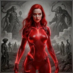 Portrait Masterpiece, Wanda Maximoff, red, glowing, wires everywhere, by Edgar Maxence and Ross Tran, Zdzisław Beksiński, and Michael Whelan, distant, gustav dore, H.R. Giger, 8k, octane render
