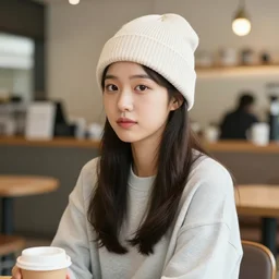 young adult korean woman in a coffee shop wearing a beanie and a purple cyberpunk sweater with led lights!!!, natural light, magazine photo, 5 0 mm