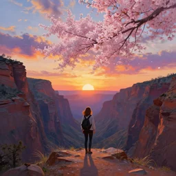 giant cherry blossom as a head, girl hiking in a canyon, surreal photography, sunrise, dramatic light, impressionist painting, colorful clouds, digital painting, artstation, simon stalenhag