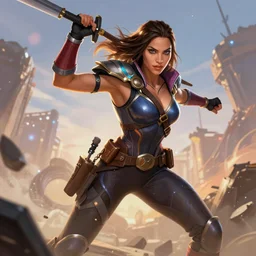 Gal Gadot as an Apex Legends character digital illustration portrait design by, Mark Brooks and Brad Kunkle detailed, gorgeous lighting, wide angle action dynamic portrait