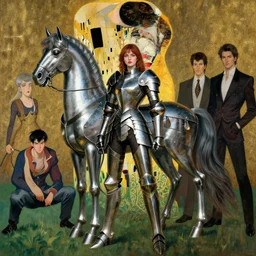 portrait full body girl metal armor and metal horse poses by gaston bussiere, anna nikonova aka newmilky, greg rutkowski, yoji shinkawa, yoshitaka amano, tsutomu nihei, donato giancola, geoffroy thoorens, gustav klimt, trending on artstation, featured on pixiv, cinematic composition, 8 k