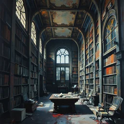 a decaying old library from isaac asimov's foundation, highly detailed oil painting, impasto brush strokes, soft light, 8 k, cyberpunk colour palette, dramatic composition, dramatic lighting, sharp focus, concept art, masterpiece, by adrian ghenie and jenny saville and zhang jingna