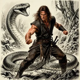 portrait, conan the barbarian fighting a anakonda snake, Dynamic lighting, cinematic, establishing shot, extremely high detail, photo realistic, cinematic lighting, pen and ink, intricate line drawings, post processed, concept art, artstation, matte painting, style by Raphael Lacoste, Eddie Mendoza