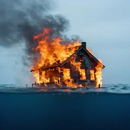 dslr photo still of a house on fire under water at the bottom of the ocean, 8 5 mm f 1. 8