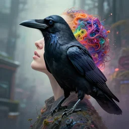 the mind is leaving the body of a crow by mia brownell, art by anna hotchkis, antonio saura, very detailed, maximalism, ambient occlusion, volumetric light, atmospheric haze, hyper realism, futuristic but colorful shading, cinematic composition, realistic render, photography, wide shot