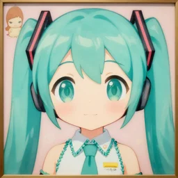 a painting of Hatsune Miku with big eyes, paint-on-glass painting by Chiho Aoshima, Yoshitomo Nara, Huang Yuxing and Aya Takano, Superflat art movement, kawaii, uwu, cute, fairycore, soft, chibi