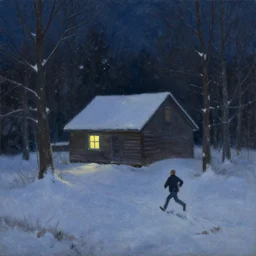 snowy dark night scene depicting a single house in the woods with one bright window and a man running away from it. oil painting.