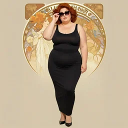full body portrait of sexy mature big chubby beautiful woman wearing sunglasses by Alphonse Mucha, Ayami Kojima, Amano, Charlie Bowater, Karol Bak, Greg Hildebrandt, Jean Delville and Mark Brooks, Art Nouveau, Neo-Gothic, gothic, deep rich colors