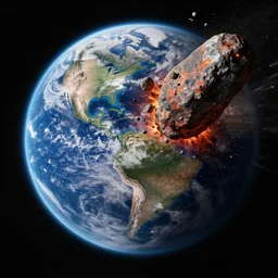 the view from space of an asteroid colliding with the planet earth at the moment of impact, 8 k photorealistic, hd, high details, trending on artstation