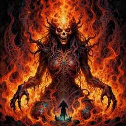 psychedelic horror art victo ngai hyperrealism magic realism fantasy realm creepy deity of hatred and visceral intense vibrant dread yoji shinkawa apophasis fractal flame inferno