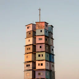 a tower made up of makeshift squatter shacks with pastel colours, mamiya, 8 5 mm, f 1. 7, uniform plain sky, sunset, fine details, photographed by julie blackmon