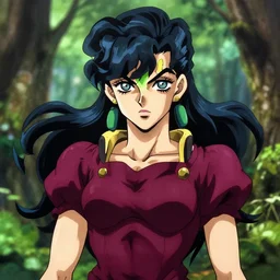 jojo's bizarre adventures, enchanted forest, cute bombshell anime alchemist with flowing black hair, burgundy dress, green palette symmetrical face, symmetrical detailed defined eyes, beautiful lineart, bokeh, chromatic aberration, noise, soft lighting, srgb, 4 k, cinematic