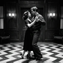 louis theroux and laura palmer are dancing in the red room, twin peaks. in the style of david lynch, black and white zig zag floor