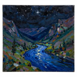 Realist colorful impasto painting of the Salmon River mountain valley at midnight by John Harris, stars in the inky black sky reflect on the darkest blue river surface, 4k scan, very beautiful, oil on canvas, visible diagonal  brushstrokes