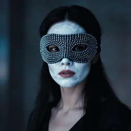 a woman with a white face wearing a beaded mask in a scene from the movie bladerunner