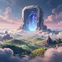 a psychedelic realm with rolling plains made out of clouds, and a giant cyberpunk portal that leads into the multiverse, in the style of wlop, illustration, epic, fantasy, hyper detailed, smooth, unreal engine, sharp focus, ray tracing