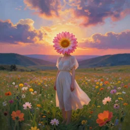 girl with a blooming flower for a head, surreal photography, dream, standing in flower field, magical, in a valley, sunrise dramatic light, impressionist painting, colorful clouds, artstation, simon stalenhag, blooming flower face