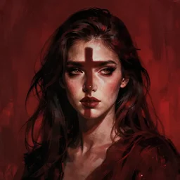 shameless woman whis impudent facial expression,  shadow of the cross, elegant, dark and mysterious, atmospheric, red, trending on artstation, highly detailed, digital painting, volumetric light, concept art, middle focus, illustration