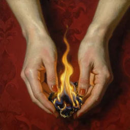 by 1 9 th century famous painter, hands, nail polish, with fire, realism, realistic, oil painting, red wallpaper background