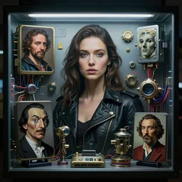 beauty woman, full pallet image, Blade runner artifacts, electronic case display, cyberpunk tech, ultrarealistic, futuristic, three point lighting, dramatic lighting, electrical details, high details, 4k, 8k, best, accurate, trending on artstation, artstation, photorealism, ultrarealistic, digital painting, style of Peter Mohrbacher, Caravaggio, Dali, Boris Vallejo, Hajime Sorayama
