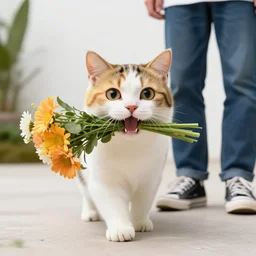 wide shot photography of white cat with yellow black fur patterns, carrying a flowers bouquet in her mouth next to a human standing wearing jeans and sneakers, large happy eyes, octane render, photorealistic, 2 4 mm, 8 k