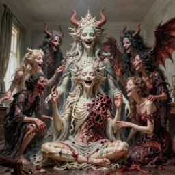bright realistic anorexic end of the world family cult turning into gods and deamons and smiling franticly, old apartment, rotten flesh, diffuse lighting, fantasy, intricate, elegant, highly detailed, lifelike, photorealistic, digital painting, artstation, illustration, concept art, smooth, sharp focus, art by francis bacon and jenny saville