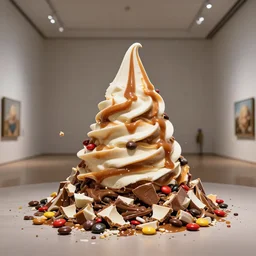 broken m&m pieces with caramel ice cream swirl thrown around by centrifugal forces into the shape of a pyramid, museum sculpture, award-winning photo