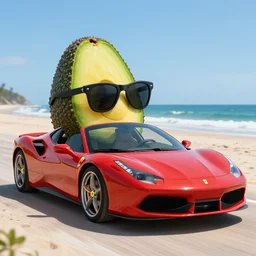 an avocado with sunglasses driving a Ferrari on the beach