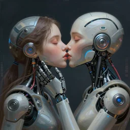 two cyborg machine kiss each other in victory kiss pose, wires bare, beautiful girl face, dreamscape, digital painting, concept art, 8 k, by brian sum and william - adolphe bouguereau and mandy jurgens