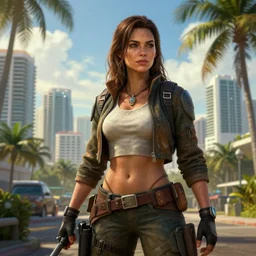 fallout 5 miami, charismatic beautiful rugged brunette female protagonist, portrait, outdoors tropical cityscape, atmospheric lighting, painted, intricate, volumetric lighting, beautiful, daytime, sunny weather, few clouds, sharp focus, deep colours, ultra detailed, art by krenz cushart and wenjun lin