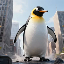 gigantic penguin destroying new new york like godzilla realistic 3 5 mm cinematic