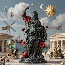 rateo, tilt shift, gulf of Naples, Pompeian, naval battle, italian masterpiece, wind, sky in background, wind rose, Ashford Black Marble, sculpture, baroque,  draped with red Hibiscus and vines and spines, marble and hint gold, stars, puffy clouds, suns, moons, drapes, dead fruits, Obsidian, pomegranade, armour, medieval globe, glass, portrait, mage, centaur, siren, lion, chariot, rabbit, snails, render, artstation, ultra detailed