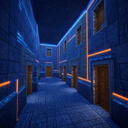 futurepunk dungeon, ancient stone tiling, blue and orange neon lines along the wall, bluestone walls, trending on artstation. minecraft in - game screenshot. absurdly detailed linear hallway with doors