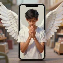 a male teenager praying in front of a giant smartphone eith angel wings, short black hair, small beard, digital painting, masterpiece, digital art, concept art, trending on deviantart, oil painting, high coherence, anatomically correct, five fingers, high quality, highly detailed, divine, a shop in the background, bokeh, artgem, geometrically correct
