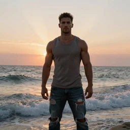 a very muscular and defined man wearing ripped pants and shirt looking to the sea at sunset, godrays, complementary colors, natural lighting, portait image, path tracing, serene landscape, high quality, highly detailed, 8K, soft colors, warm colors, turbulent sea, high coherence, anatomically correct, hyperrealistic, concept art, defined face, five fingers, symmetrical