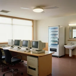 ! dream a interior design of a home by frank lloyd wright, office break room, old computers, vending machine, sink, craig mullins