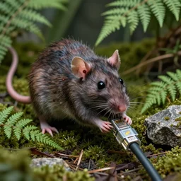 photo, alien nightmare monster - rat chewing! thick internet cable!! in the ferns, grass and rocks, highly detailed, intricate details, volumetric lighting, close up, doom, apocalypse