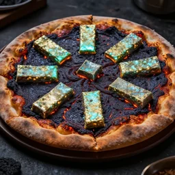 pizza made of lava and expired uranium bars, luminescent, extremely hot, food photography