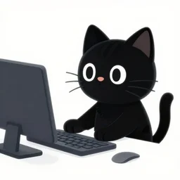 a black cat programming in a computer. cartoon. high quality. high fidelity. unsplash. devianart.