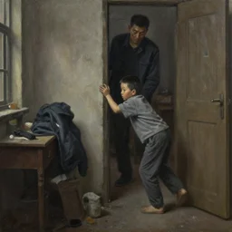 dark oil realistic painting of a grey clothed kid about to sneak up of a man in cluttered communist apartment