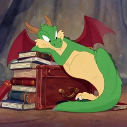 huge Dragon sleeping on a large hoard of books, by Chuck Jones, animation keyframe, looney tunes, technicolor, cartoon