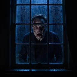 dark photo of dark blue rainy bedroom window at night, dimly lit creepy ( ( ( ( ( contorted distorted ) ) ) ) ) face of elon musk staring in through the window, horror, scary face, demonic face,