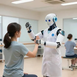 a robot doctor demonstrating physical exercises to human patients, ultra HD realistic wide focus 8k ultra soft light RTX on VFX octane render pixiv pinterest colorful more reflection OLED