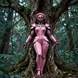 hyperrealistic post - baroque masterpiece super expressive! yoruba goddess with pink exoskeleton armor, merging with tree in a forest, highly detailed digital art cinematic, smooth cam de leon eric zener dramatic pearlescent soft teal light, ground angle hd 8 k, sharp focus