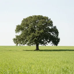 a lone oak tree in a grass field in summer. centered in frame. full composition. wide shot.