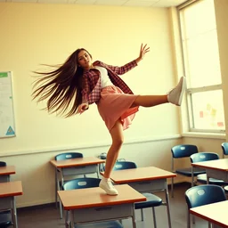 film still of stylish girl dancing on school desk, tilted frame, 3 5 °, dutch angle, cinematography from music video