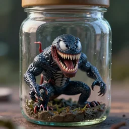 a tiny realistic venom, upset screaming angry, inside a glass jar. sharp focus, photography, unreal engine, trending on artstation, photorealistic, octane, trending on deviantart, unreal engine
